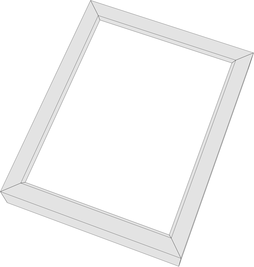 Ein schräg stehender, leerer Bilderrahmen mit weißem Hintergrund.